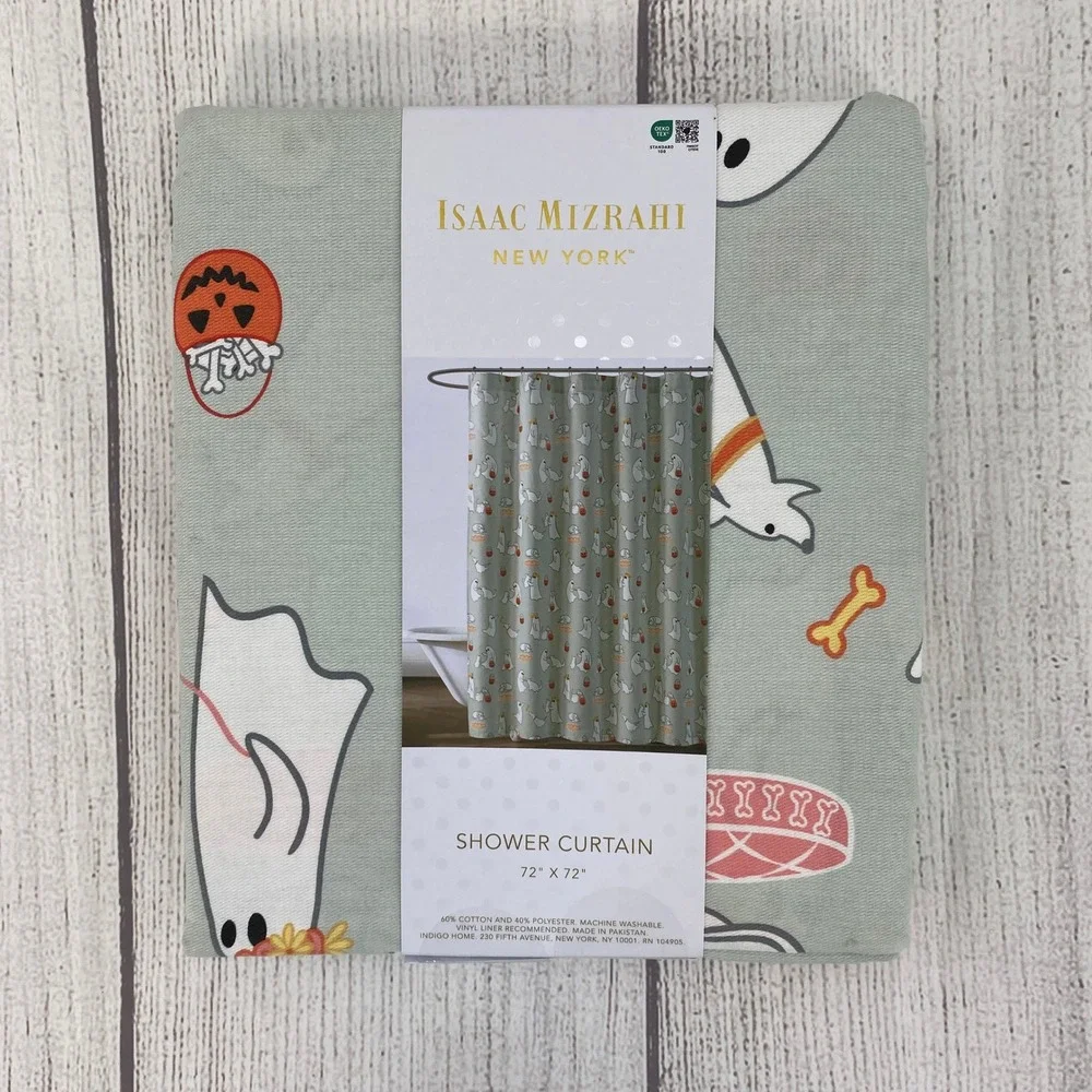 Isaac Mizrahi Shower Curtain Sage Green Halloween Ghost Dog Puppy Spooky Fall